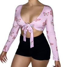 Load image into Gallery viewer, Pink Butterfly Tie Crop Top