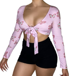 Pink Butterfly Tie Crop Top